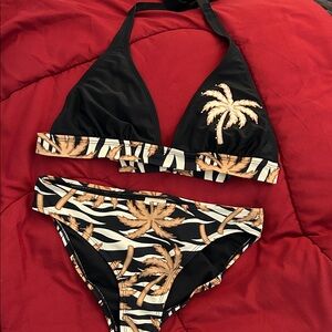 Faded Glory Black Bikini with Tan Palm Print Trim